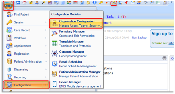 Image of emis button (left had side) revealing drop down options including Configuration.  Once clicked on, another list appears to the right and offers more selection top modules.  Organisation Configuration is selected.