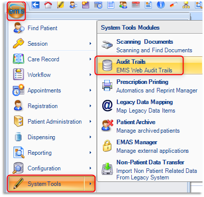 Image of two columns, select emis button top left and select System Tools from the left column, then select Audit Trails from right column