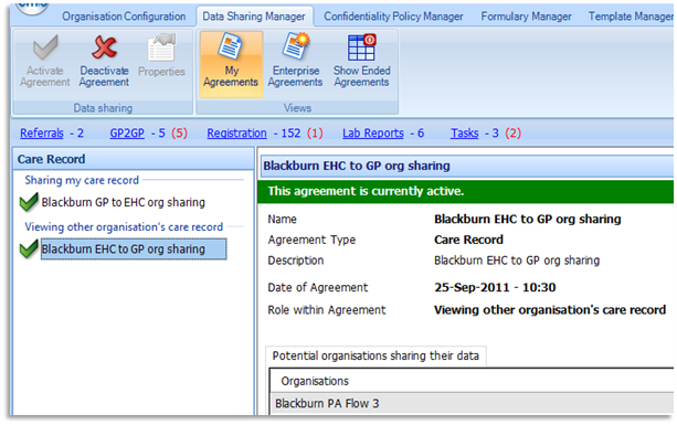 Data Sharing Manager tab reveals all the sharing agreements listed on left hand side with Green ticks for activated.  A red cross denotes how to select to deactivate an agreement