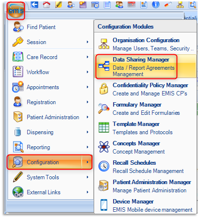 Emis button selected to open a drop-down list of options on left, select Configuration to reveal further options on the right where Data Sharing Manager is selected