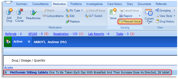 Image of Metformin being selected (highlighted) in the Medication Module and Request issue button being selected