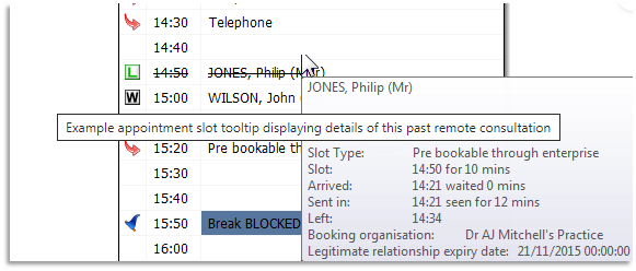 Image of hovering over patient details to viewa pop-up of information such as slot type and the legitimate relationship expiry date and time (within 28 days)