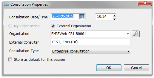 Consultation properties window showing date / time / consulter and consultation type of Enterprise consultation - click OK