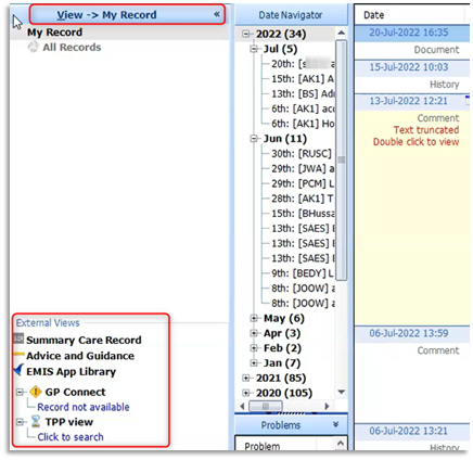 Image of expansion of the 'View -> My Record' (external views) left hand pane revealing all shared services to select from  