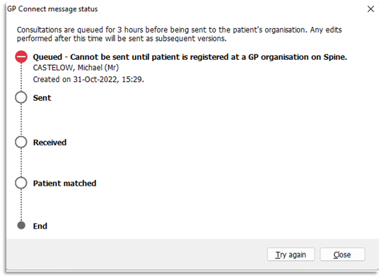 Message status screen showing 'Error' no entry icon at the beginning of the journey.  Cannot be sent until patient is registered at a GP org on the Spine. 