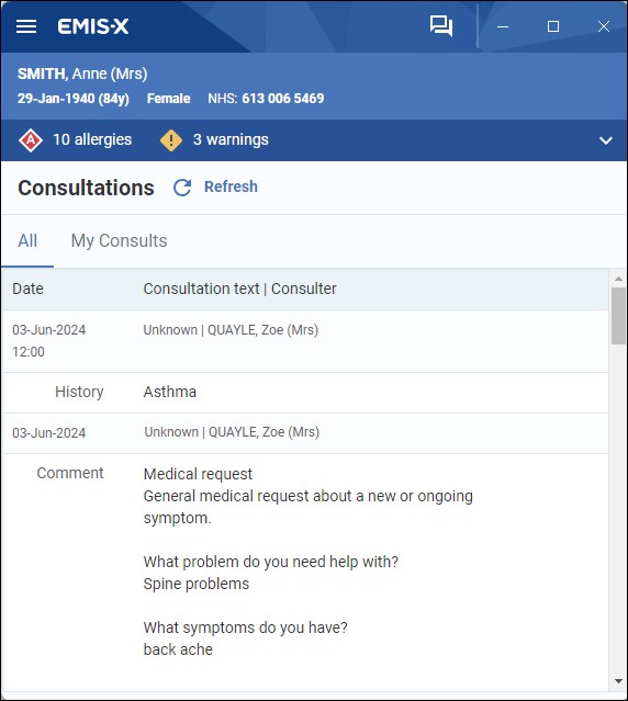 Screenshot of the EMIS-X application.  The "Consultations" tab is open, showing two entries dated 3rd June 2024. One entry lists a history of asthma, and another describes a medical request for spine problems and back ache.