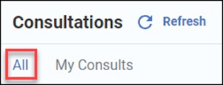 Screenshot of the EMIS-X application displaying the "Consultations" section. The top part shows the options "All" (highlighted) and "My Consults" with a "Refresh" button next to the "Consultations" title.