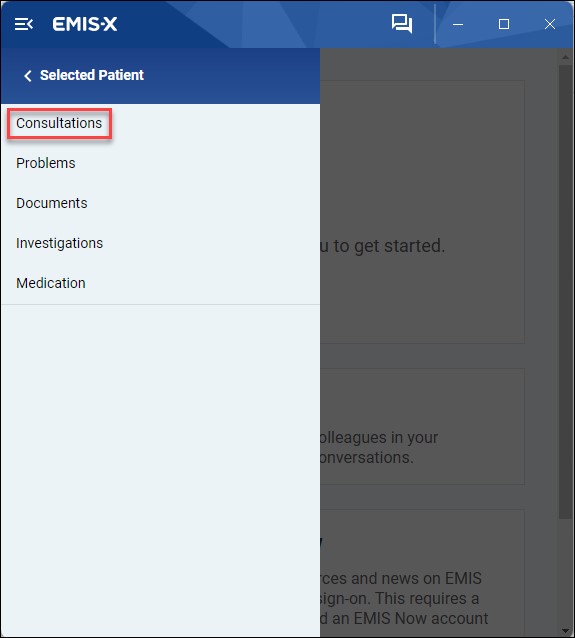 Screenshot of the EMIS-X application interface. The left sidebar displays the categories: Consultations (highlighted), Problems, Documents, Investigations, and Medication under the "Selected Patient" section