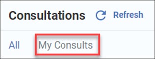 Screenshot of the EMIS-X application displaying the "Consultations" section. The top part shows the options "All" and "My Consults" (highlighted) with a "Refresh" button next to the "Consultations" title.