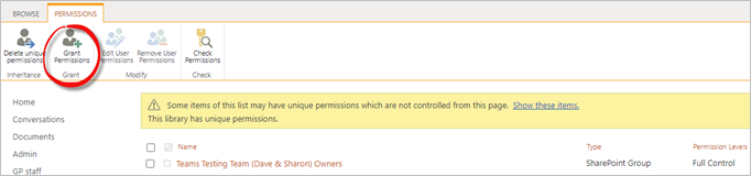 Grant Permissions Button for Document Library