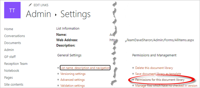 Permissions For This Document Library Option