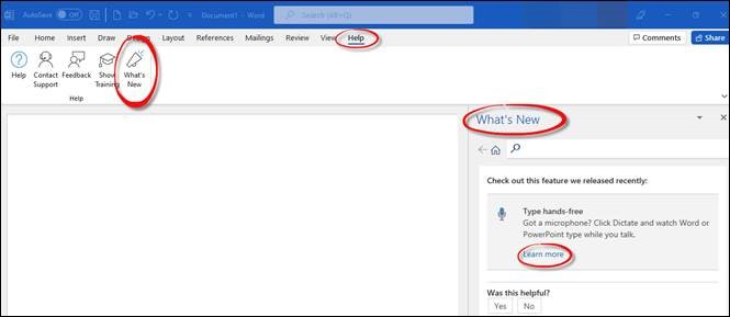 What's new button highlighted on MS Word image