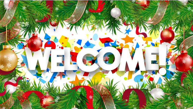 Welcome surrounded by tinsel logo
