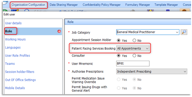 Screen shot of settings Patient Facing Services Booking option to All Appointments in a user's details within Organisation Configuration