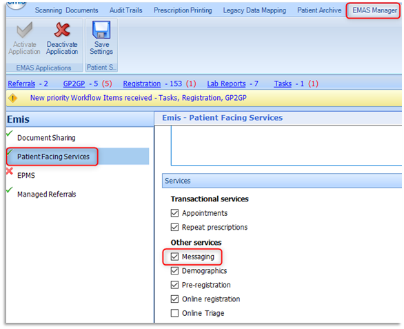 Screen shot of how to enable Messaging (tick) within Services section of Patient Facing Services in EMAS Manager