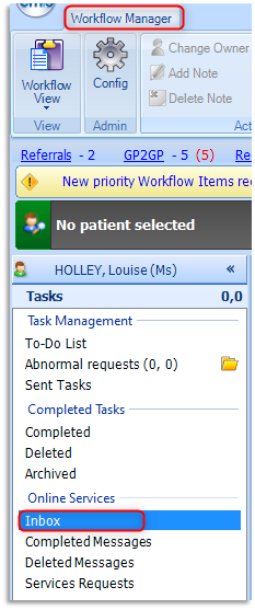 Screen shot of the Inbox within Online Services of Tasks in Workflow Manager