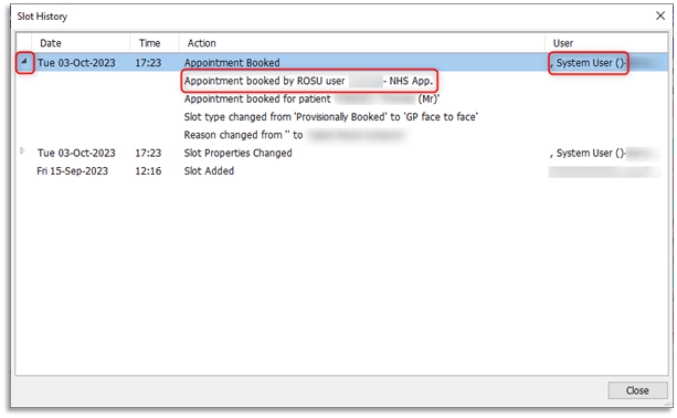 Screen shot of viewable appointment slot history details, showing it has been booked by the patient using the NHS App, 