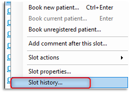 Screen shot of slot history option highlighted from a list
