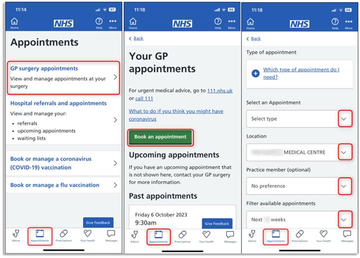 Screen shot of 3 panes, showing stages of how a patient can book an appointment via the NHS App