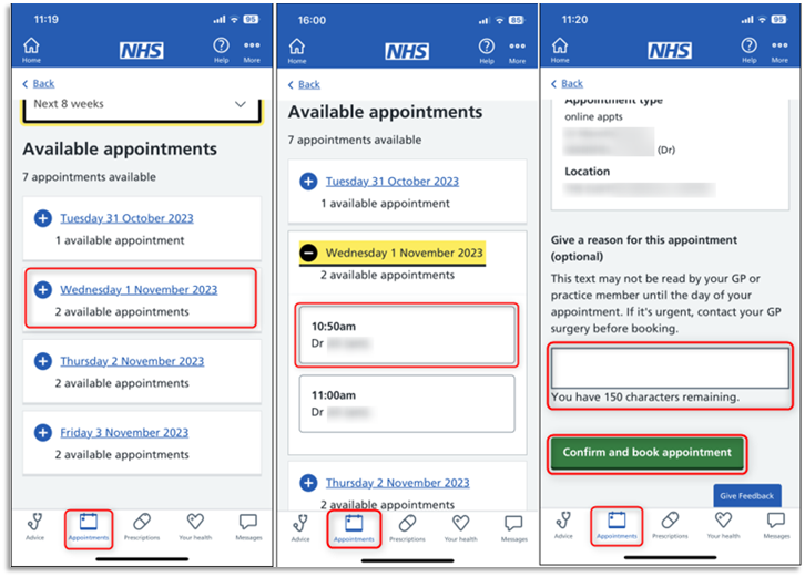 Screen shot of 3 panes, showing stages how a patient can book an appointment via the NHS App