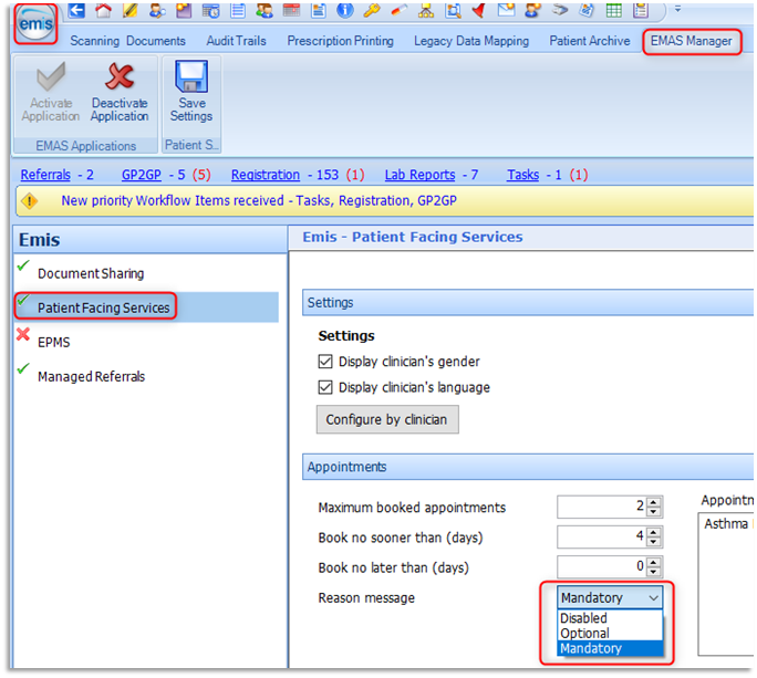 Screen shot of the Appointment options available against a Reason message in EMAS Manager's Patient Facing Services section 