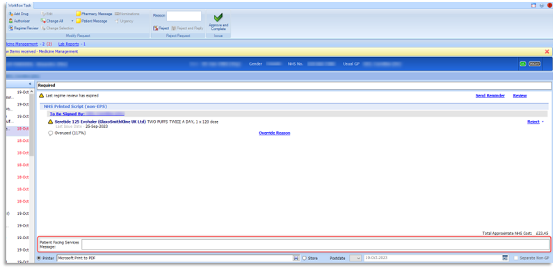 Screen shot of the Patient Facing Services Message (for clinician to reply to patient request) when approving medication