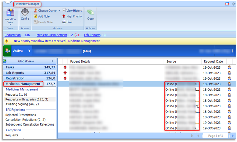 A screen shot of viewing online users' medication requests within Medicines Management