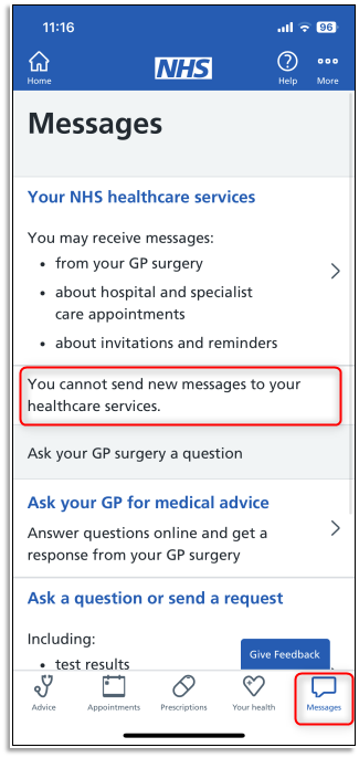 Screen shot of words 'you cannot send new messages to your healthcare services' within Messages section of NHS App