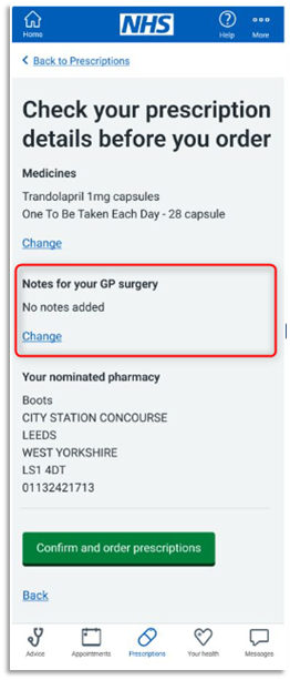 Screen shot of 'Notes for your GP Surgery' section within the NHS App