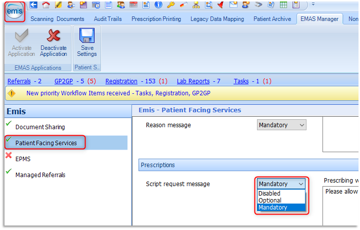 Prescription message option settings within Prescription section of Patient Facing Services of EMAS Manager