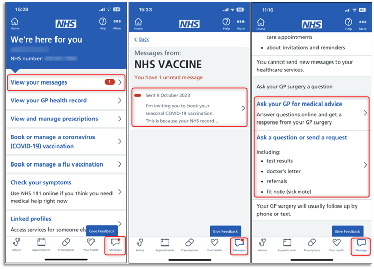 Screen shot of 3 panes, showing a patient receiving and sending a message via the NHS App