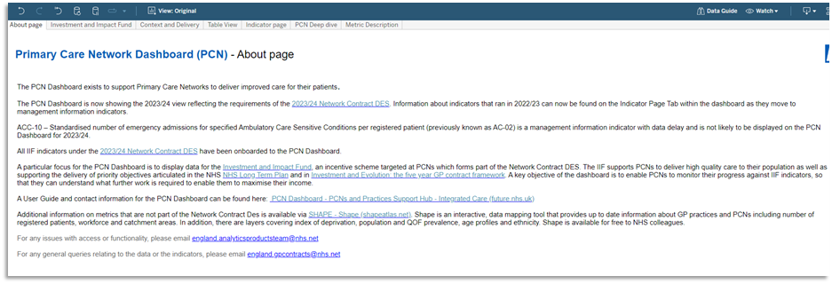 Screen shot of the About page of the Primary Care Network Dashboard