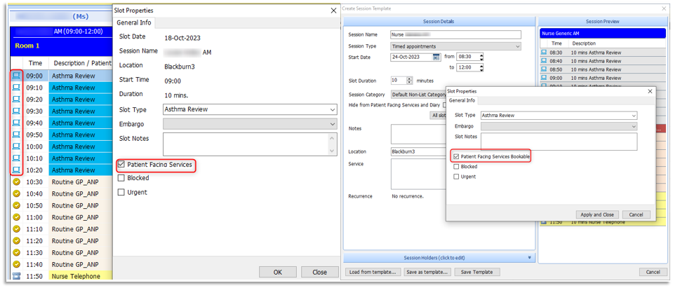 screen shot of 2 ways to enable appt slots online, 1st from Appt Book, 2nd from Create session Template