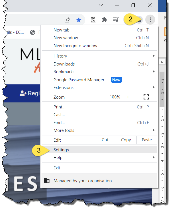 Screenshot of Chrome with the vertical ellipses menu and the Settings option number 2 and 3.