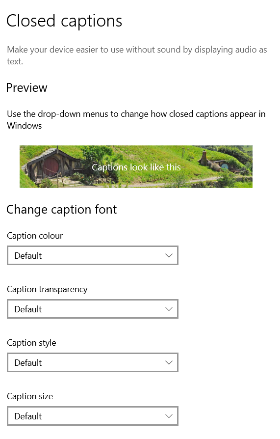 Image of Closed Captions Settings options to change default colours to text, background etc.