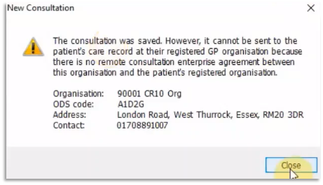 Error message when writing back due to no agreement in place between current organisation and registered practice