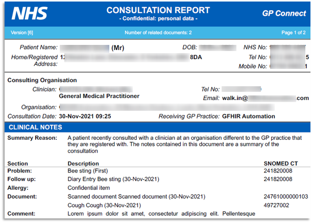 Example of GP Connect Consultation report located within Workflow Manager Document Management
