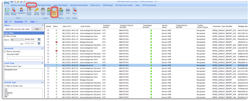 Screen shot showing how to view an audit trail of the GP Connect Send Document