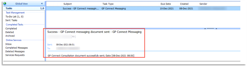 Screenshot of GP Connect Workflow Task - Message sent successfully