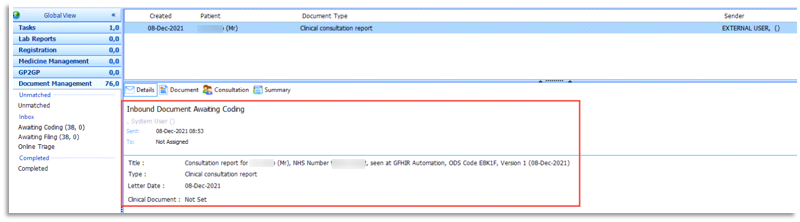 Screenshot of inbound doc message 'not sent' at receiving end in Workflow Manager