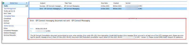 Screenshot of workflow task GP message 'not sent'