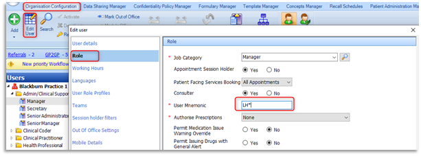 Picture of asterisk within the User Mnemonic field in User details Role