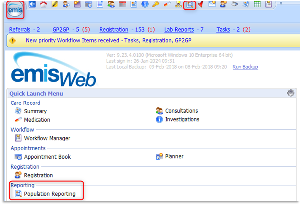 Showing 3 ways to access Population Reporting from emis web homepage