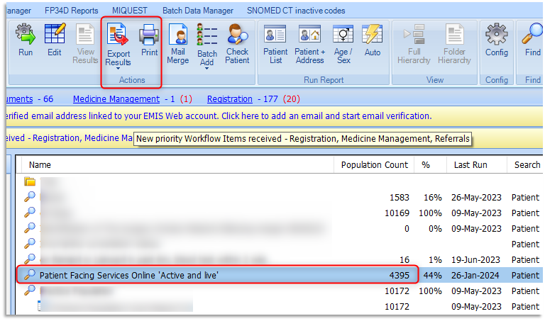 Screen shot showing how to either select Export or Print results of a search