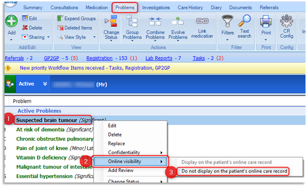 Image of Online Visibility restricted icon from the Problems, right click>online visibility, select Do not display on patients online record