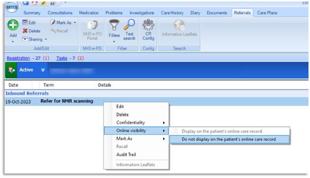 Image of setting the Online Visibility of a referral to do not display on a patient's online care record