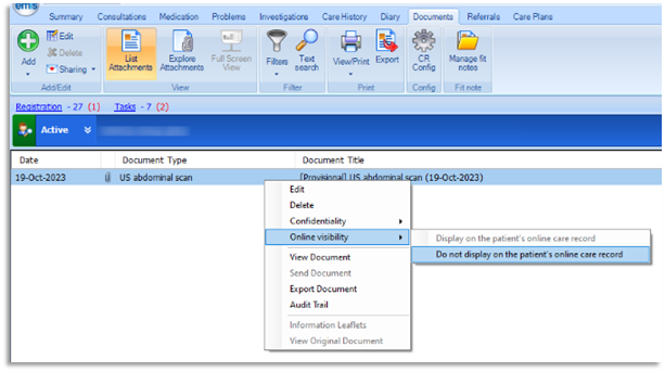 Image of setting the Online Visibility of a document to do not display on a patient's online care record