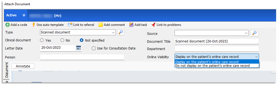 Image of setting the Online Visibility of a scanned document to do not display on a patient's online care record