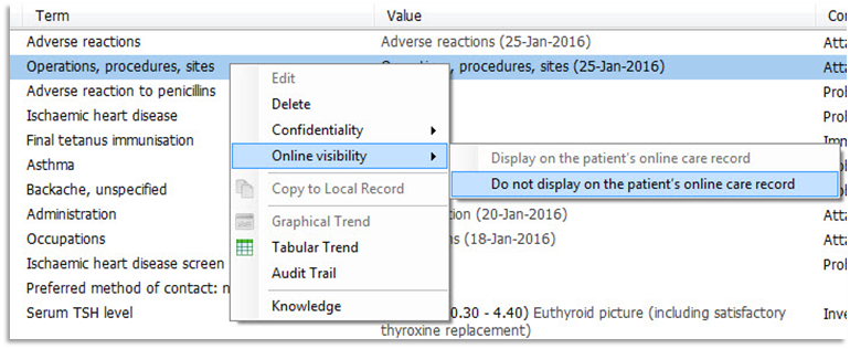 Image of setting the Online Visibility of Care History to do not display on a patient's online care record