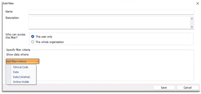 Image of adding a filter for Online Visibility within the Care Record